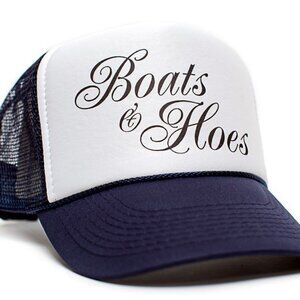 Boats N' Hoes Trucker Hat Step Brothers Movie Rap Funny Will Ferrell Navy/White